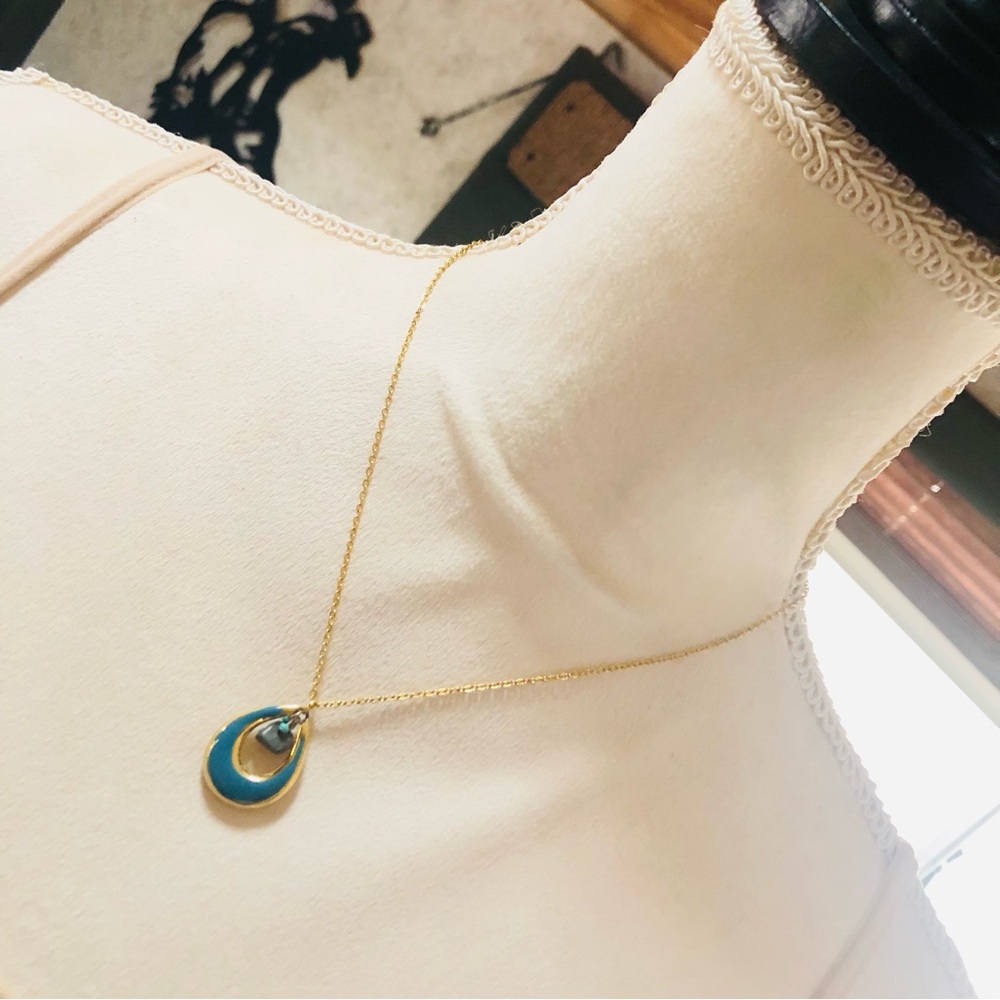 Handcrafted vintage turquoise enamel basalt rock pendant on chain necklace